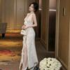 Celebrity sexy lace deep V-neck neck dress three-dimensional flower thin ruffle edge split long dress tide