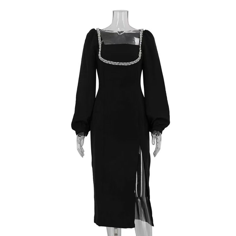 

New Arrival French Diamond Square Collar Split Dress Square Neck Diamond Studded Dress Black L