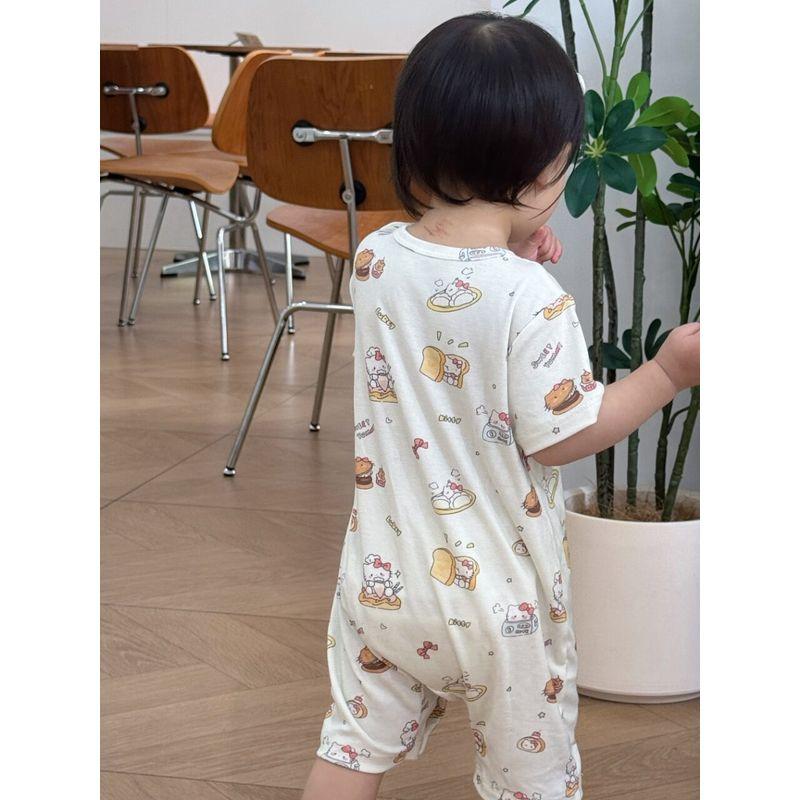 Cute Cartoon Cat Print Short-Sleeved Modal Romper for Infants and Toddlers in Summer