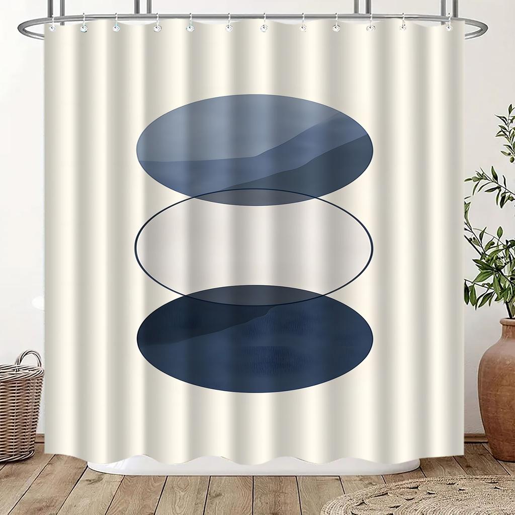 Single Panel Modern Geometric Shower Curtain - Navy & White Circular Pattern, Polyester Fabric with 12 Hooks, Machine Washable