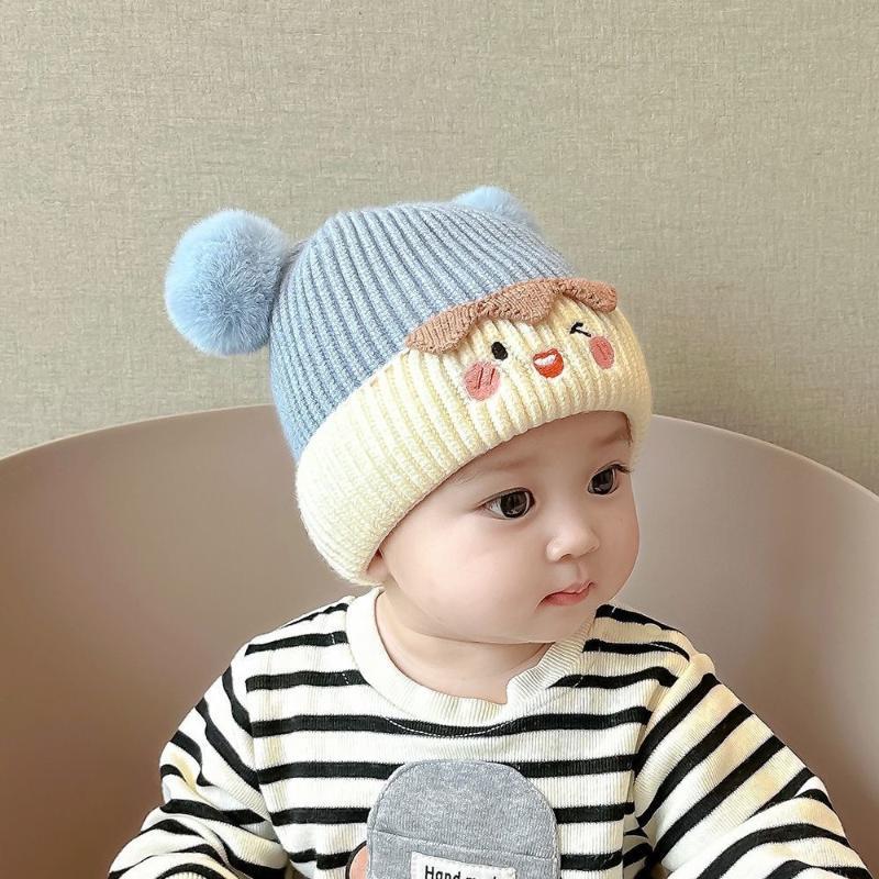 Cute Bear Knitted Baby Hat Warm Ear Protection Soft Pom Poms For Autumn Winter Daily Wear