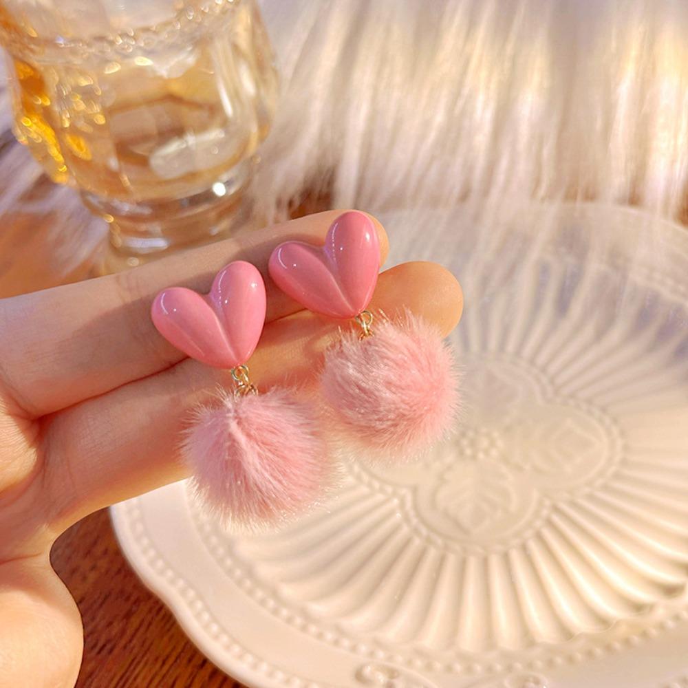 Sweet Plush Ball Earring Ear Stud Valentine's Day Earring Heart Shaped Earrings Wedding