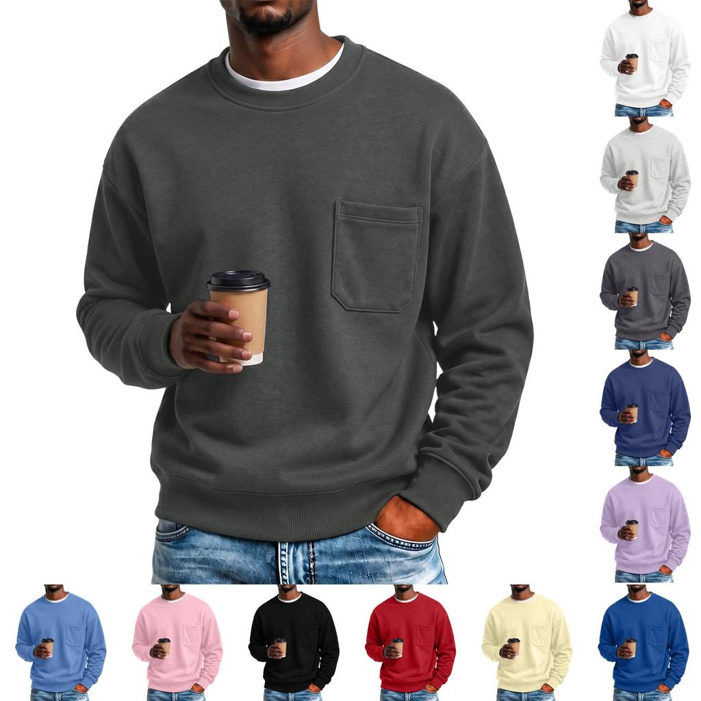 Men's Color -Lined Long Sleeve Neck Sweatshirt with Pocket for Fall and Winter