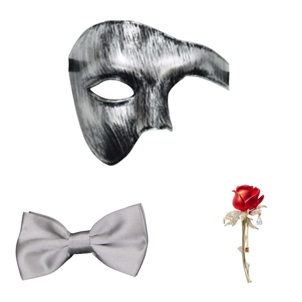 Half Face Set with Tie and Brooch Pin for Halloween Masquerade Party Costume