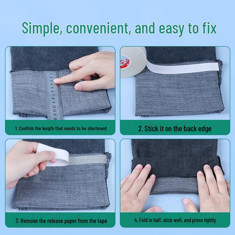 Self-Adhesive Trouser and Curtain Shortening Tape - No-Cut Double-Sided Fabric Tape for Hem Fixing
