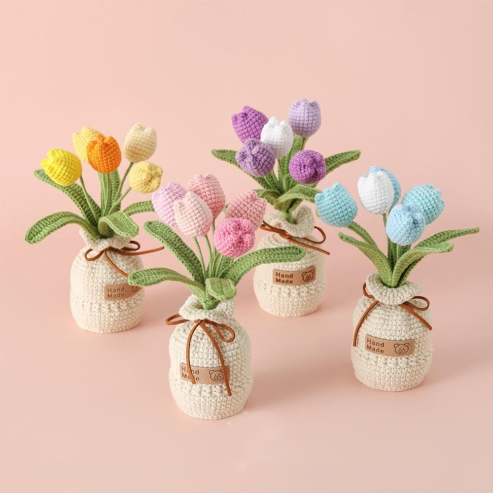 2025 Tulips Crochet Flowers with Kintted Potted Kinttted Sunflower Pot Desk Accessories Handwoven Plant Pot Home Decor Gift