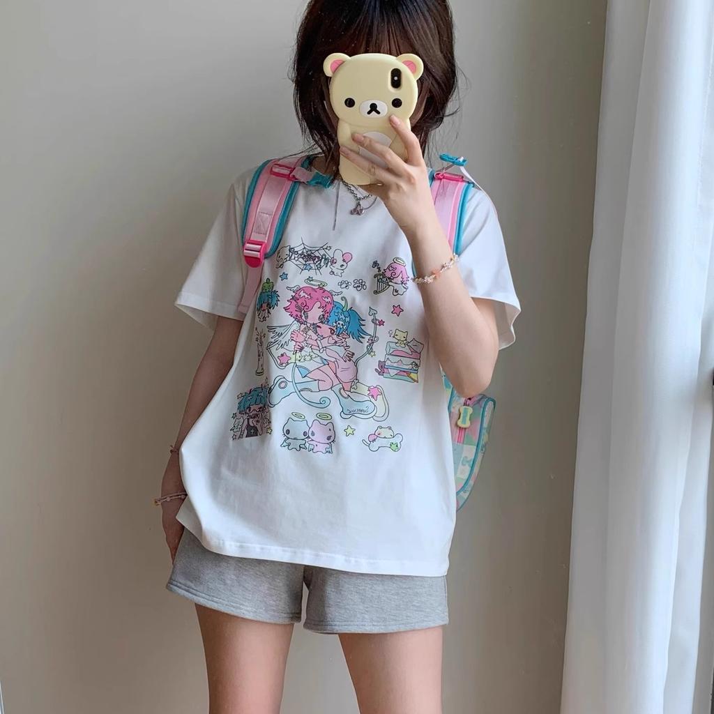 2025 summer pure cotton Women funny cartoon Print T-Shirt harajuku Round Neck oversized Casual Y2K Tops young girl t shirts streetwear