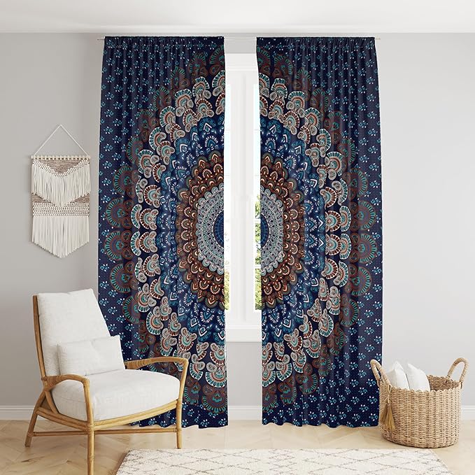Bless International Beautiful Indian Bohemian Psychedelic Hippie Tree of Life Window Curtain Panels for Bedroom, Living(Blue White Mandala)