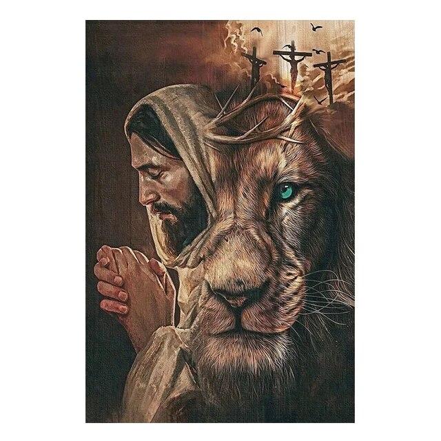 Jesus Lion Cross Christian Wall Art Canvas Painting Abstract Posters and Prints Vintage Home Decorative for Living Room Pictures No Frame
