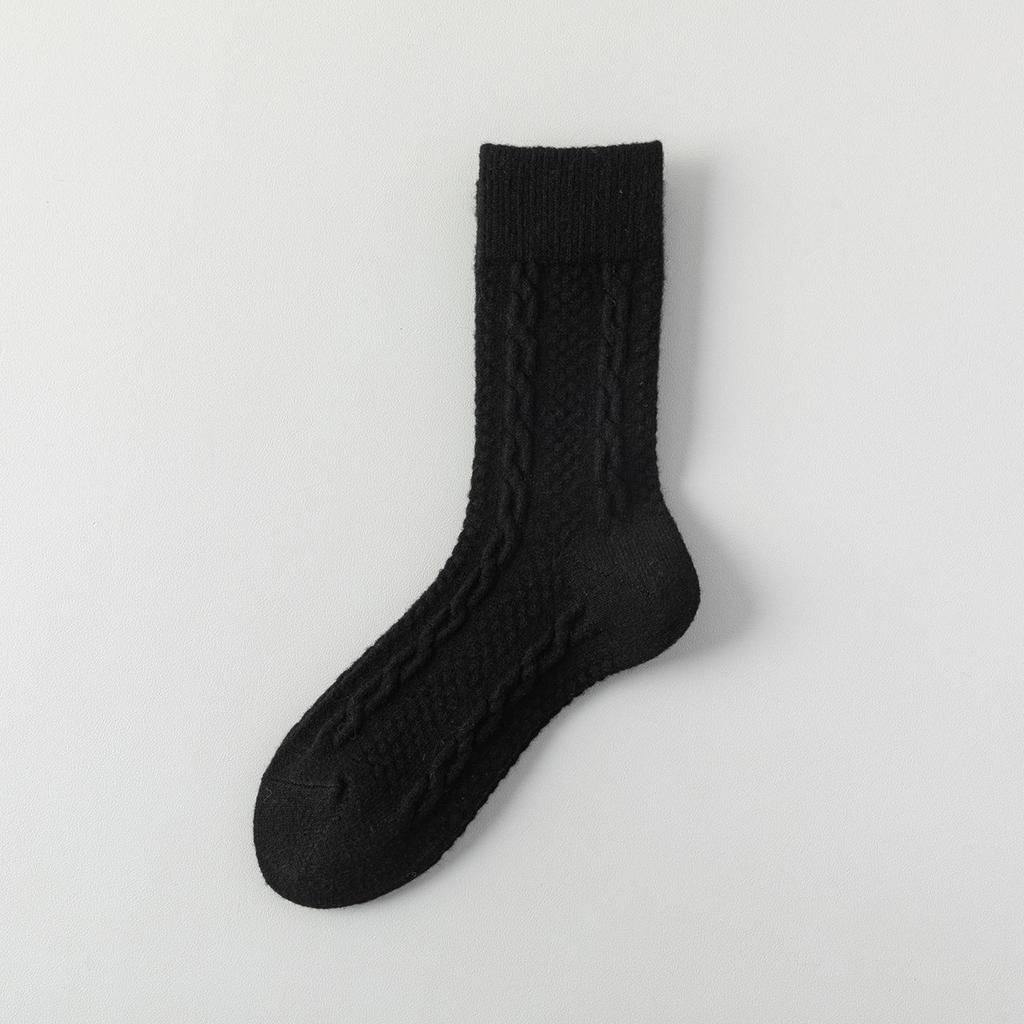 Women's Milk White Wool Socks: Autumn/Winter Cable Knit, Thickened for Warmth, Grey Tones, Mid-Calf Slouch Socks