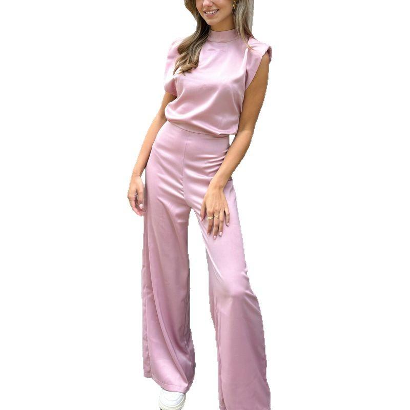 Women's Sleeveless High Neck Satin Jumpsuit with Wide Legs In Navy Blue