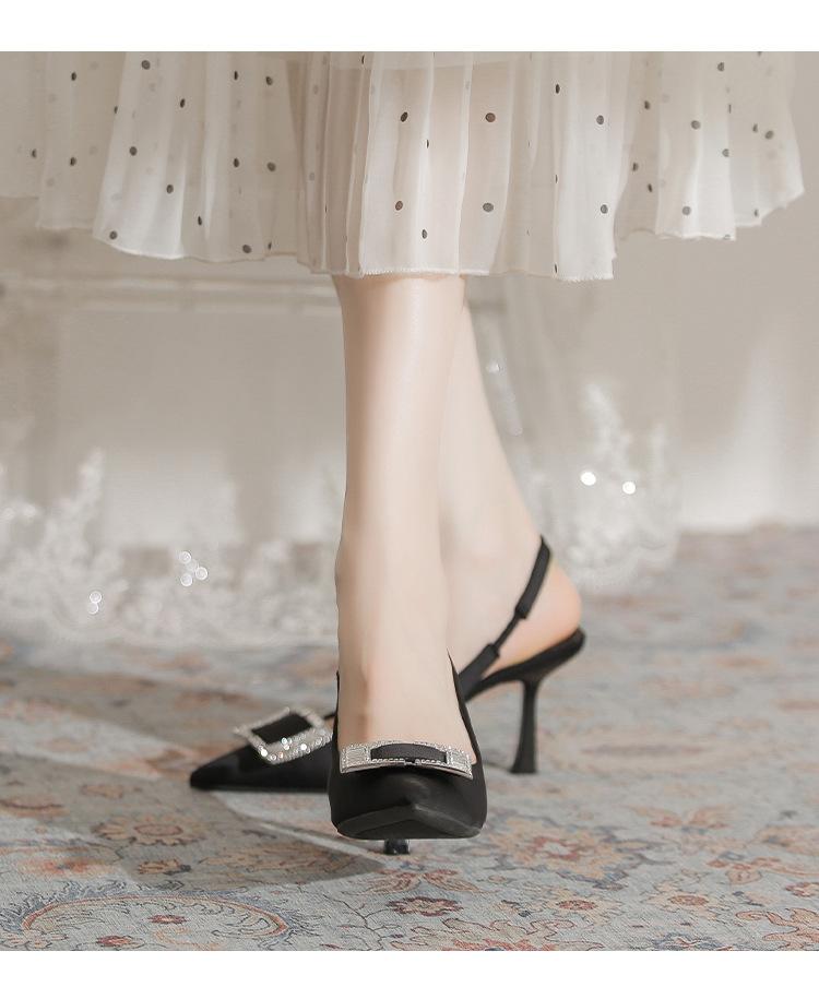 Black Bag Head Sandals Women's 2025 New Rhinestone Pointed Heel Back Strap 100 Matching Skirt Rear Empty High Heels