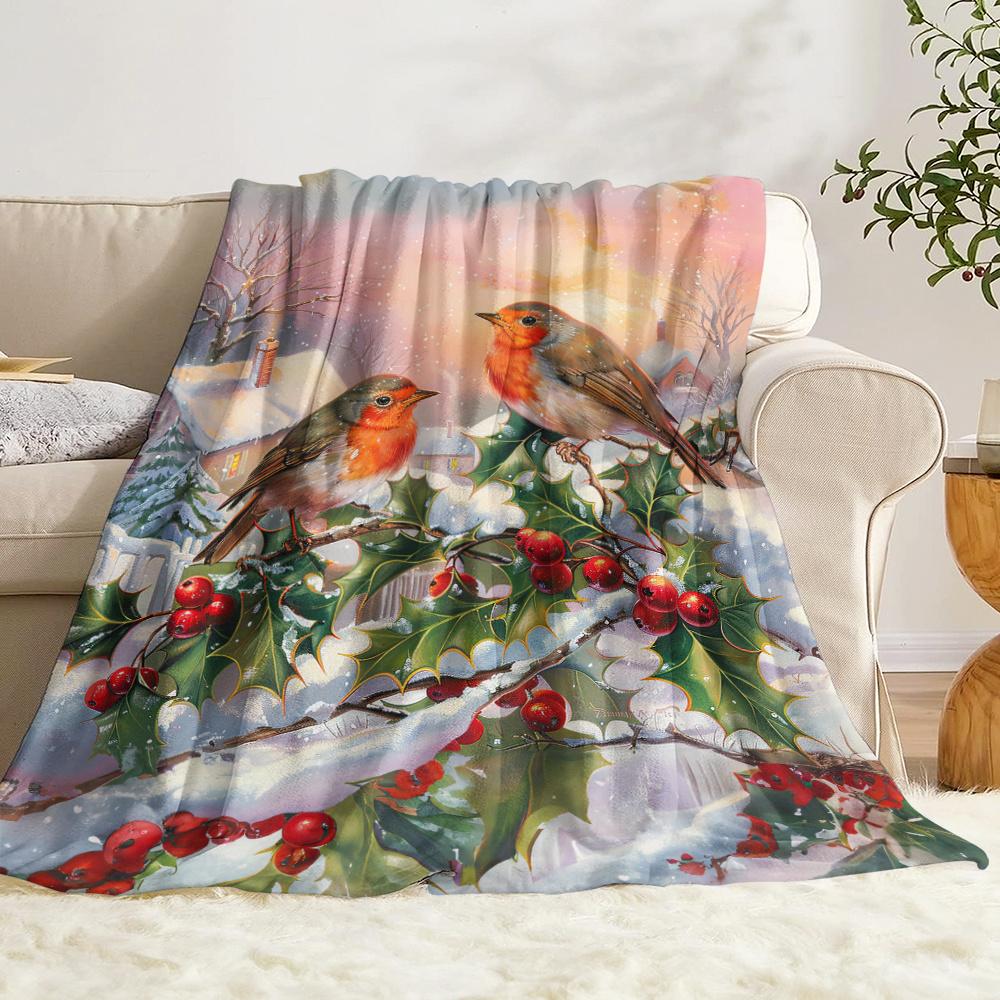 Watercolor Winter Town Blanket Christmas Birds Holly Berries Plants Soft Cozy Warm Throw for Bed Sofa Travel Gift