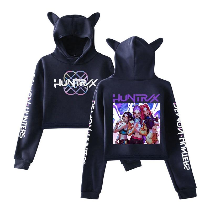 Kpop Demon Hunters Crop Tops Cat Ears Sweatshirt Long Sleeve Girls Fashion Hoodie Autumn Winter