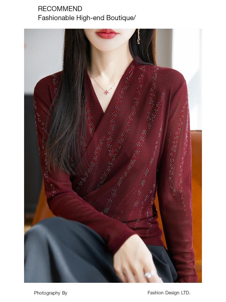 Women's V-Neck Long Sleeve Mesh Base Layer Top - Fashionable Age-Defying Crossover Neck Solid Color T-Shirt