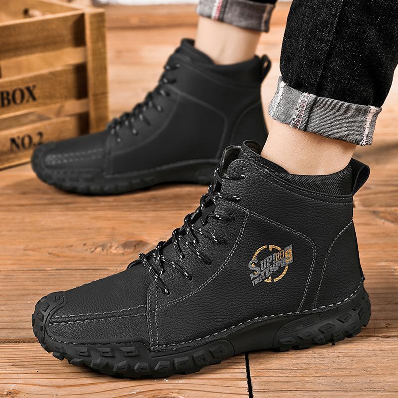 2025 New Large Size Men's Shoes Hand-sewn Medium and High Top Casual Shoes Leather Flat Bottom Outdoor Tooling Boots