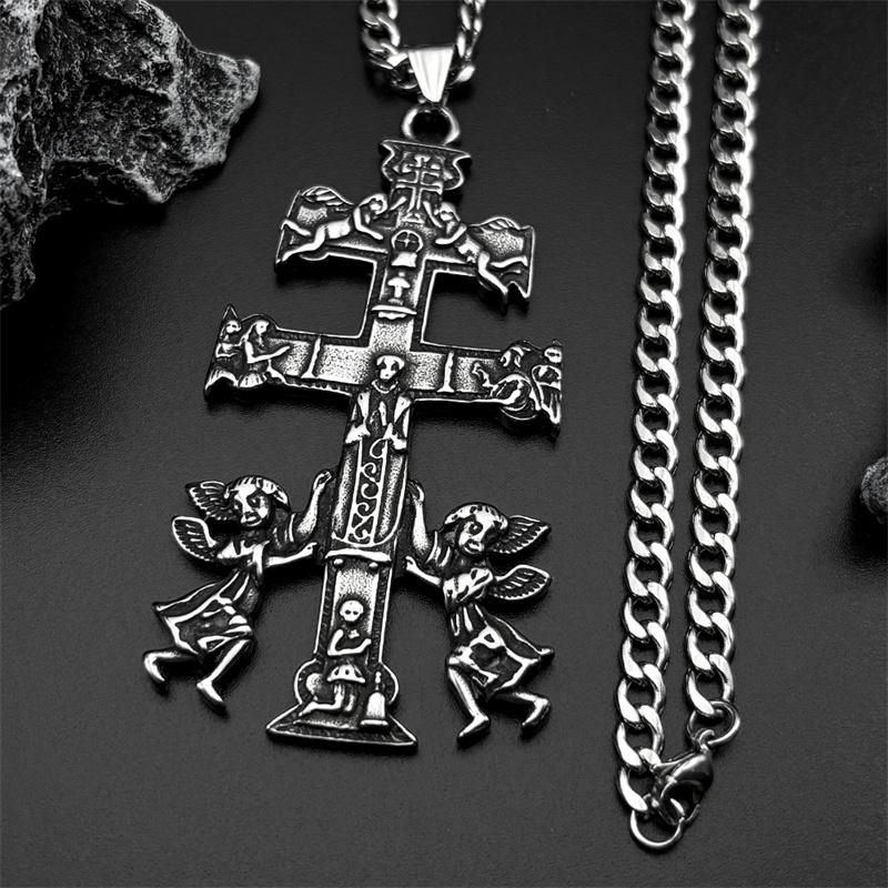 Collana Croce di Caravaca INRI Cattolica Crocifisso di Gesù Cherubino Angelo per Donne Uomini Acciaio Inossidabile Gioielli Ortodossi Russia Regalo