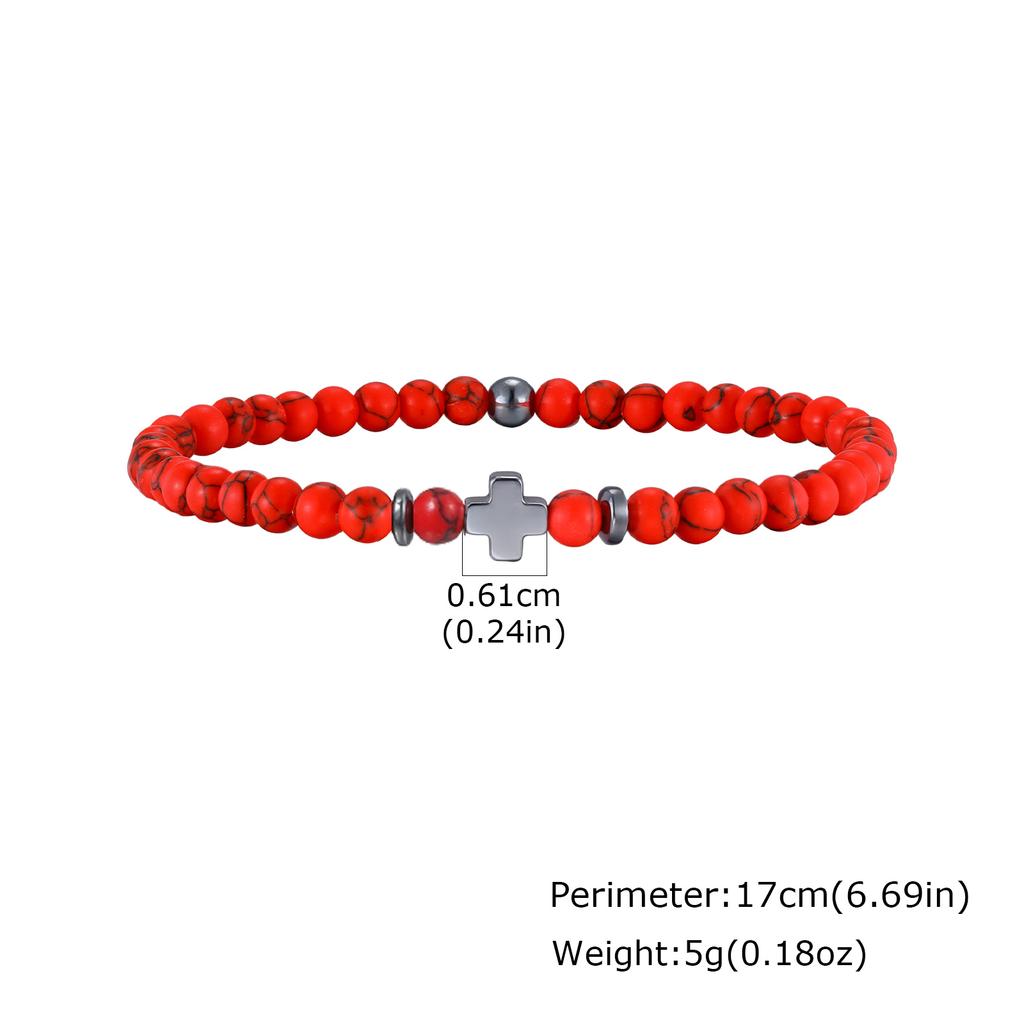 Gallstone Cross Beaded Bracelet for Men Boys,4mm Red Pine Stone Black Onyx Elastic Wristband,Simple Stackable Jewelry