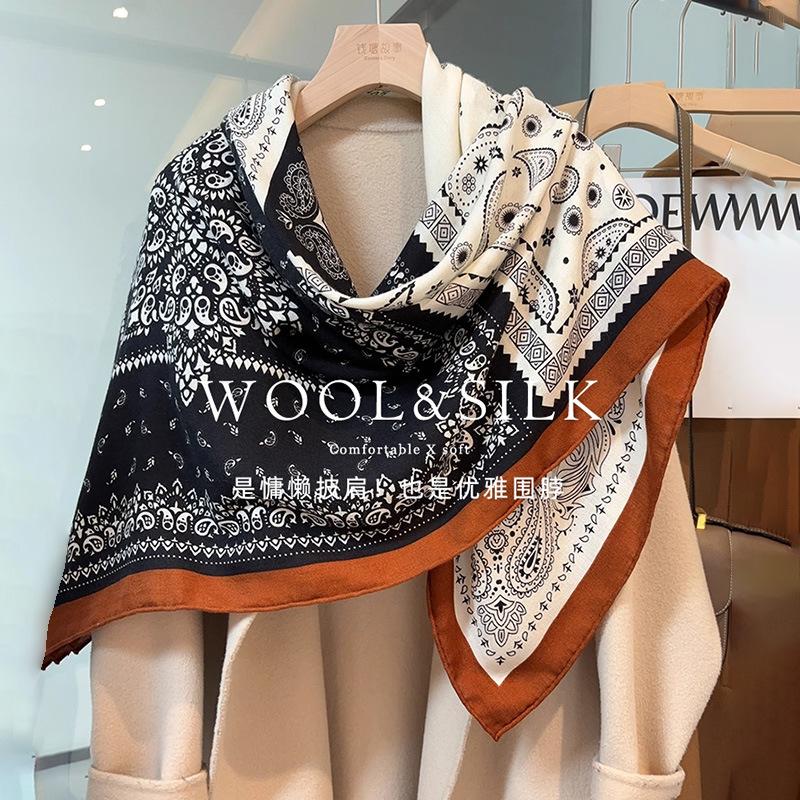Mulberry silk wool 135 silk wool blended four-grid cashew nut large square scarf women s spring and summer light luxury shawl silk scarf Standard