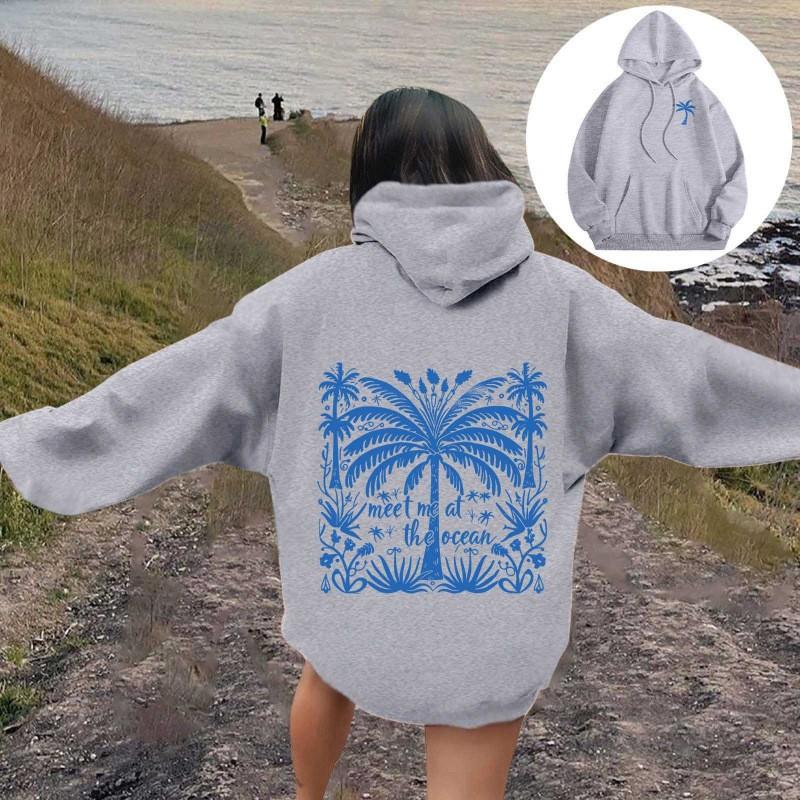Womens Oversized Hooded Sweatshirt With Palm Tree Print Drop Shoulder Long Sleeve Fleece-Lined Casual Streetwear