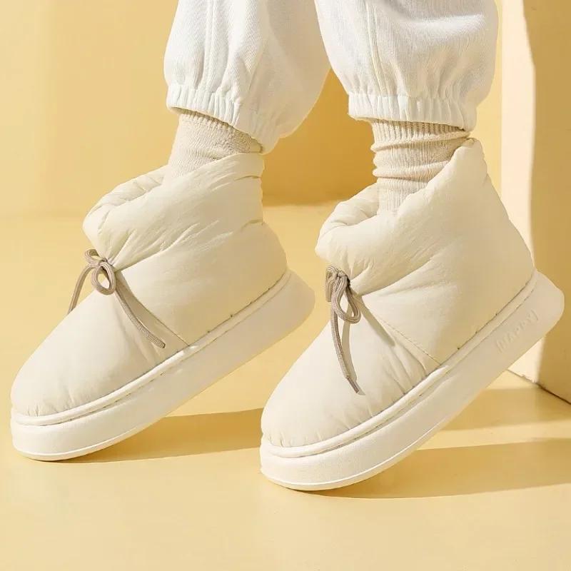 Cotton Shoes Women Winter Outdoor Waterproof Thick Heels Lace Up Unisex Snow Boots Non-slip Soft Couple Warm Footwear