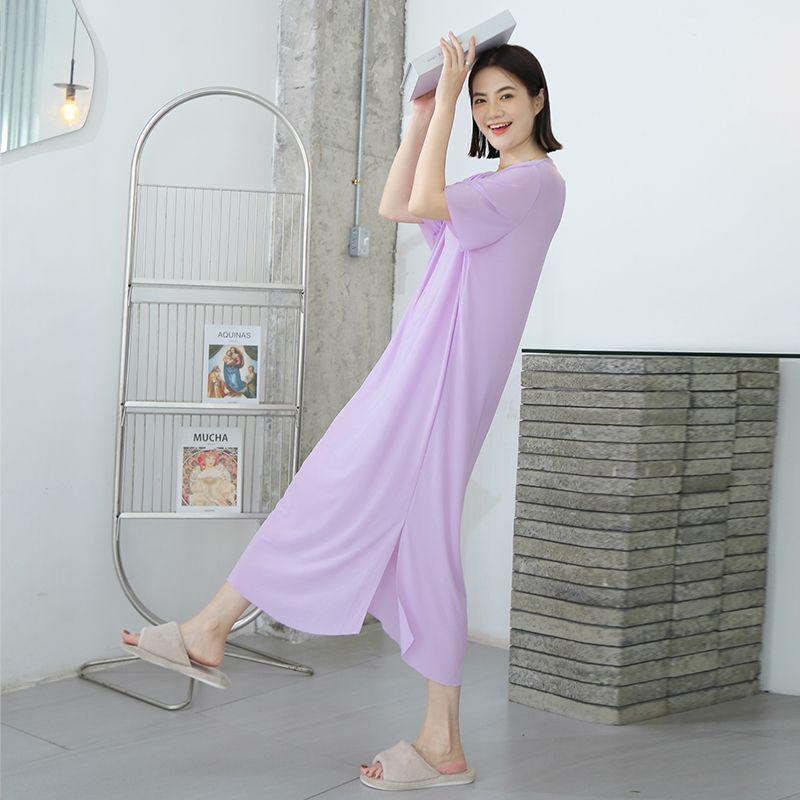 Modal Loose Nightdress Women's Summer Home Thin Casual Dress Ice Silk plus Size Slim Looking Short Sleeve Dress