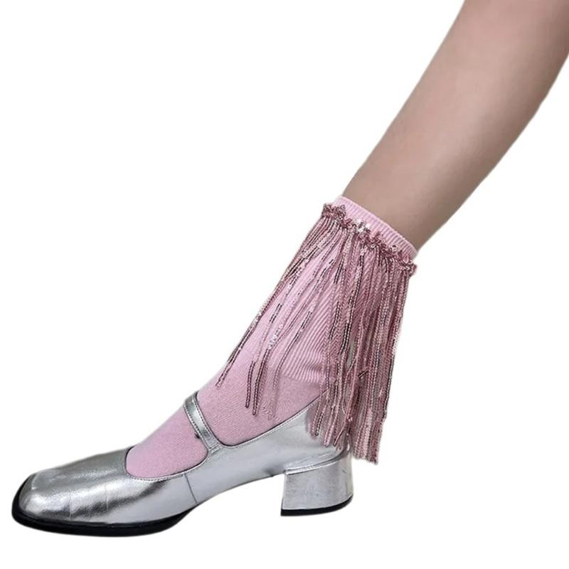 Womens Harajuku Sequins Tassels Decorative Trim Calf Sock 90s Solid Rib Middle Tube Sock Nightclub Party Stockings