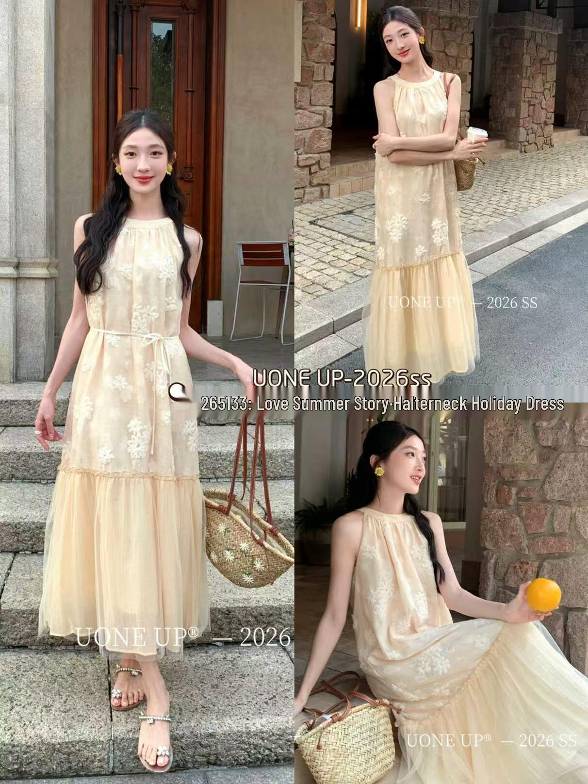 UONE2026 Early Spring French Retro Halter Loose Slimming Vacation Dress with Waist Rope Small оранжевый