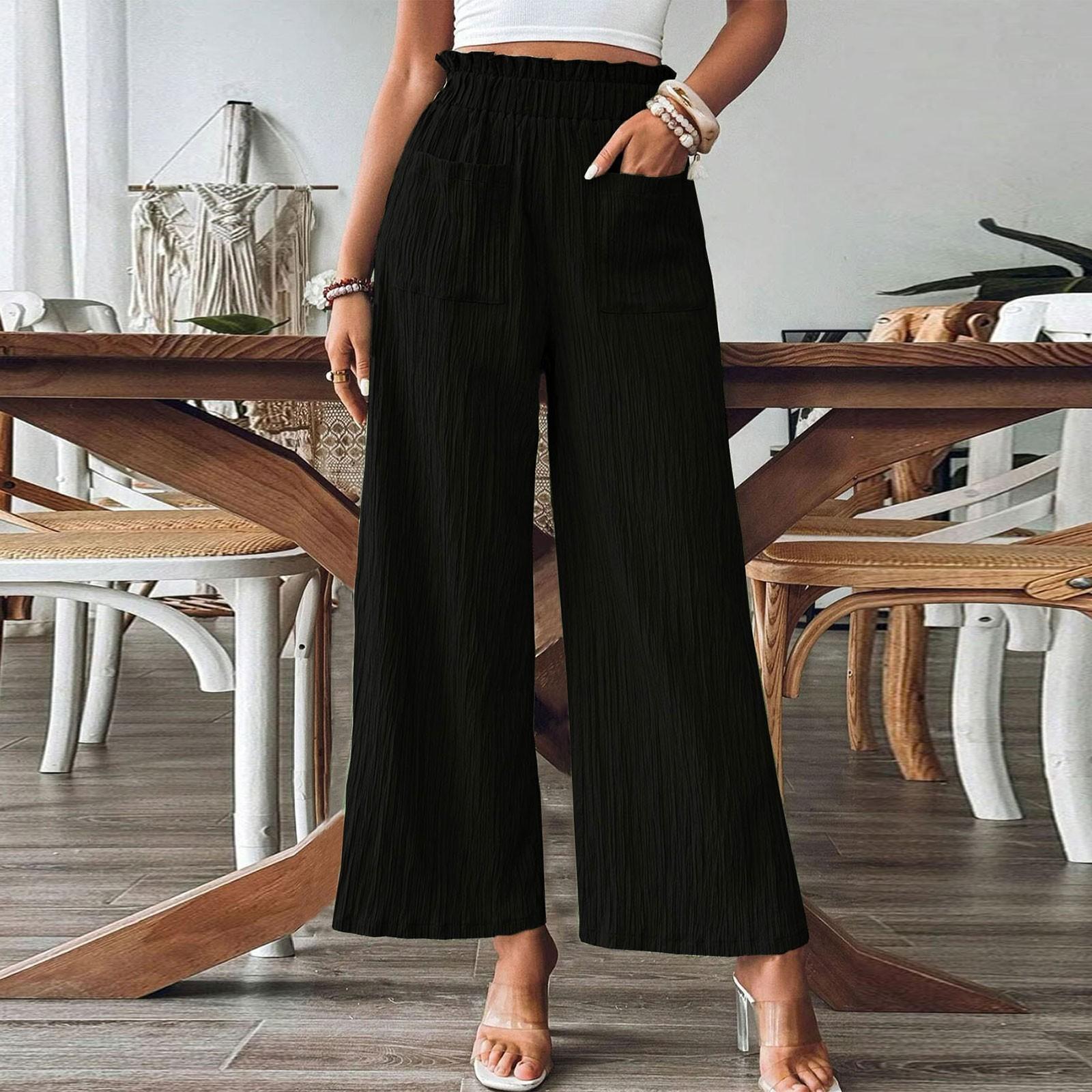 

Women s Casual Lightweight Belted Solid Color Pleated Straight Pants L чорний
