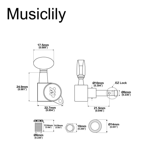 Wilkinson E-Z-LOK 6-teilige Mini Oval Button Mechaniken für Fender Strat/Telecaster E-Gitarren, Chrom