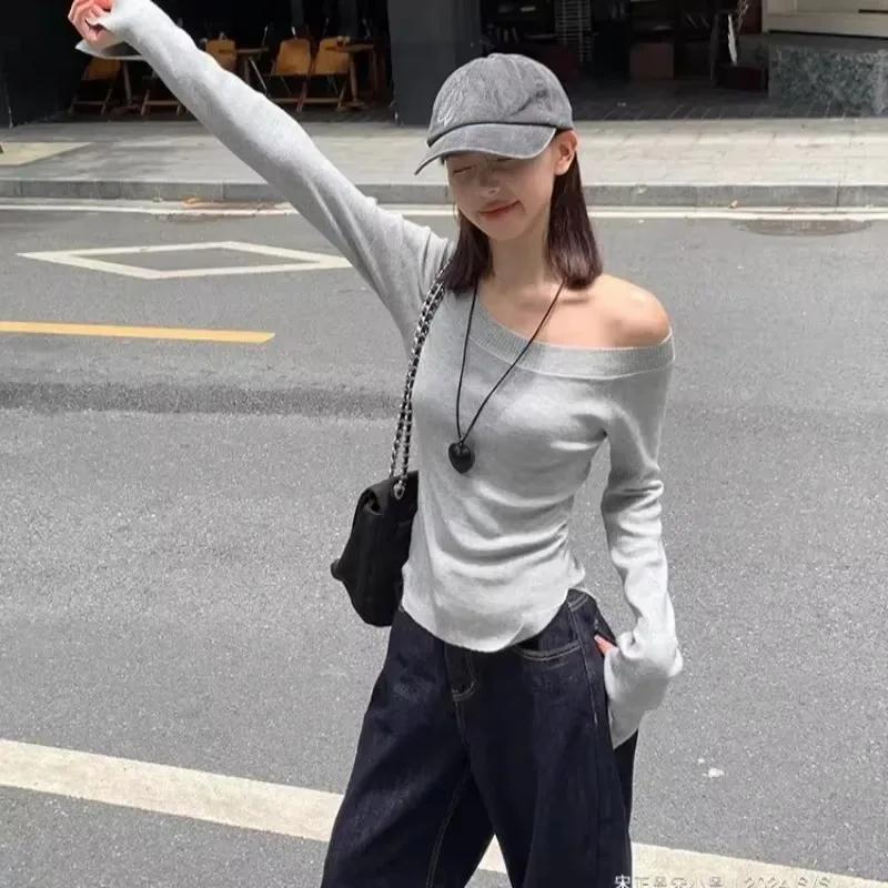 Sexy Svetry Dámské Odhalená Ramena Zkrácené Pletené Základní Oblečení Podzim Vše-ladící Boční Rozparek Jednoduché Jemné Štíhlé Vznešené Svodné