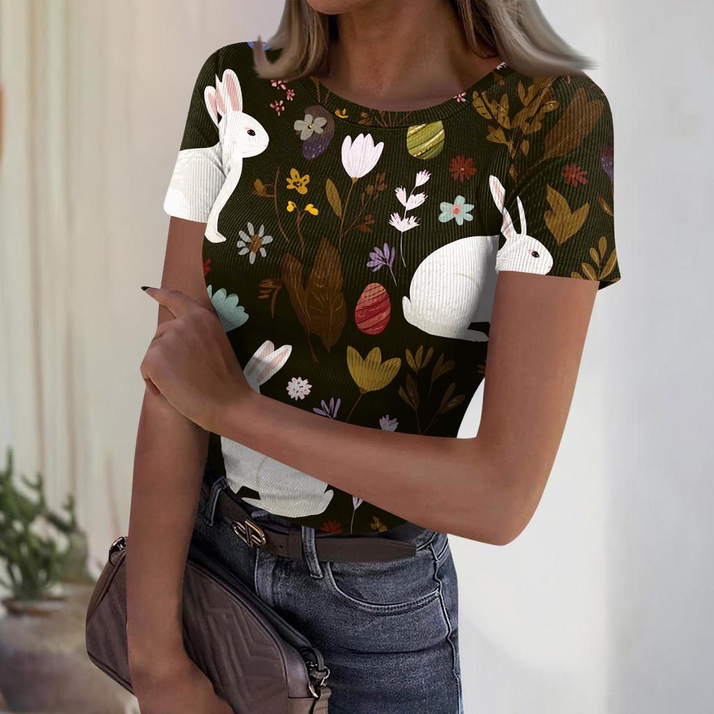 Dames Casual Mode Ronde Hals Paasprint Korte Mouw Geribbelde Top