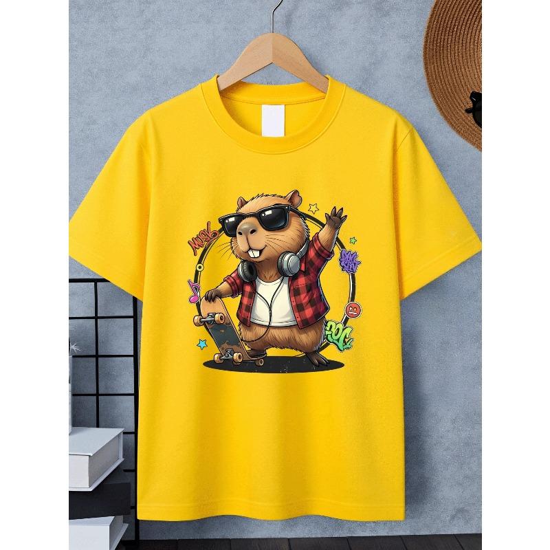 Boys Crewneck T-Shirt, Cool Skateboard Music Capybara Graphic Soft Breathable Short Sleeve Top