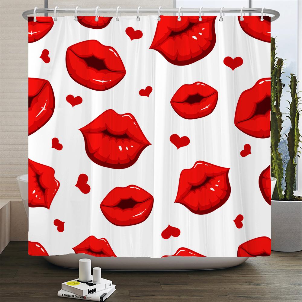 Sexy Red Lips Pink Print High Heel Shower Curtain Cosmetic Perfume Pink Girl Bedroom Decor Curtains Waterproof Bathroom Curtain