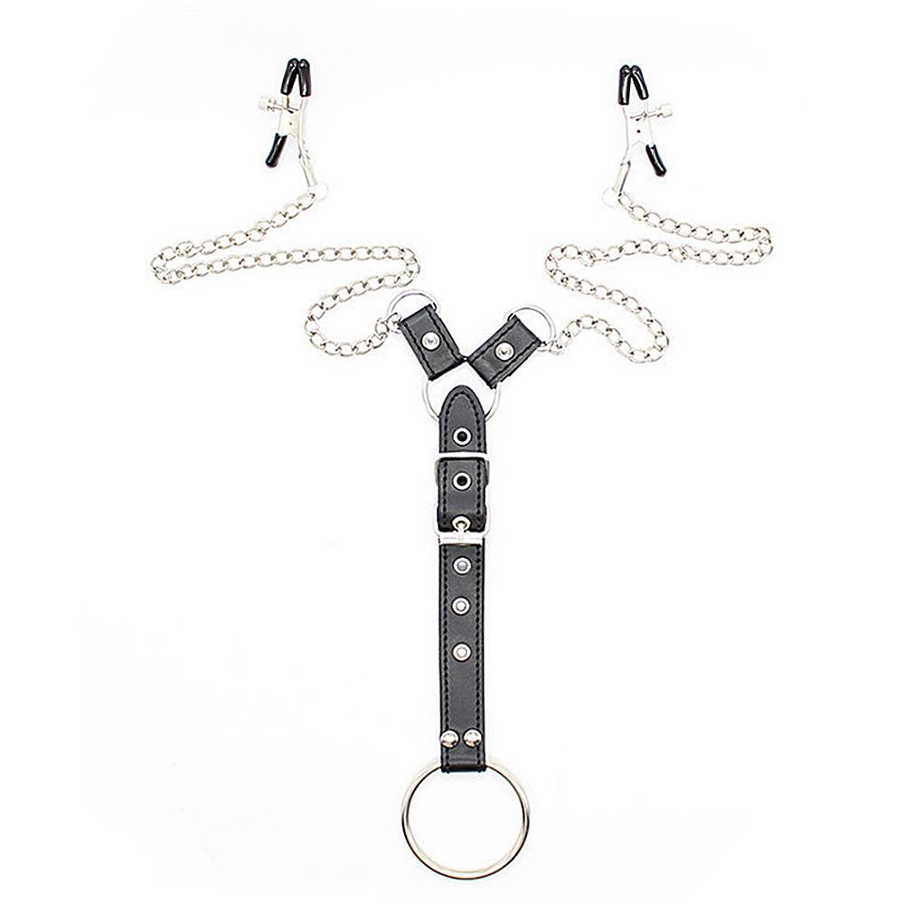 Sexy String Nipple Clamps with Penis Ring Bondage Belt Great Restraint Tool for SM Sex Games Stage Performance
