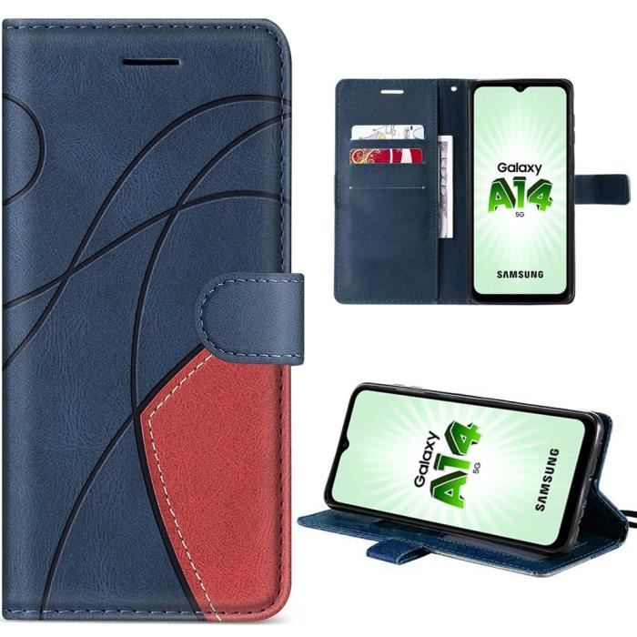Coque pour samsung galaxy a14 4g-5g, bleu marine, protection folio en cuir pu bicolore épissé et intérieur tpu avec porte-cartes