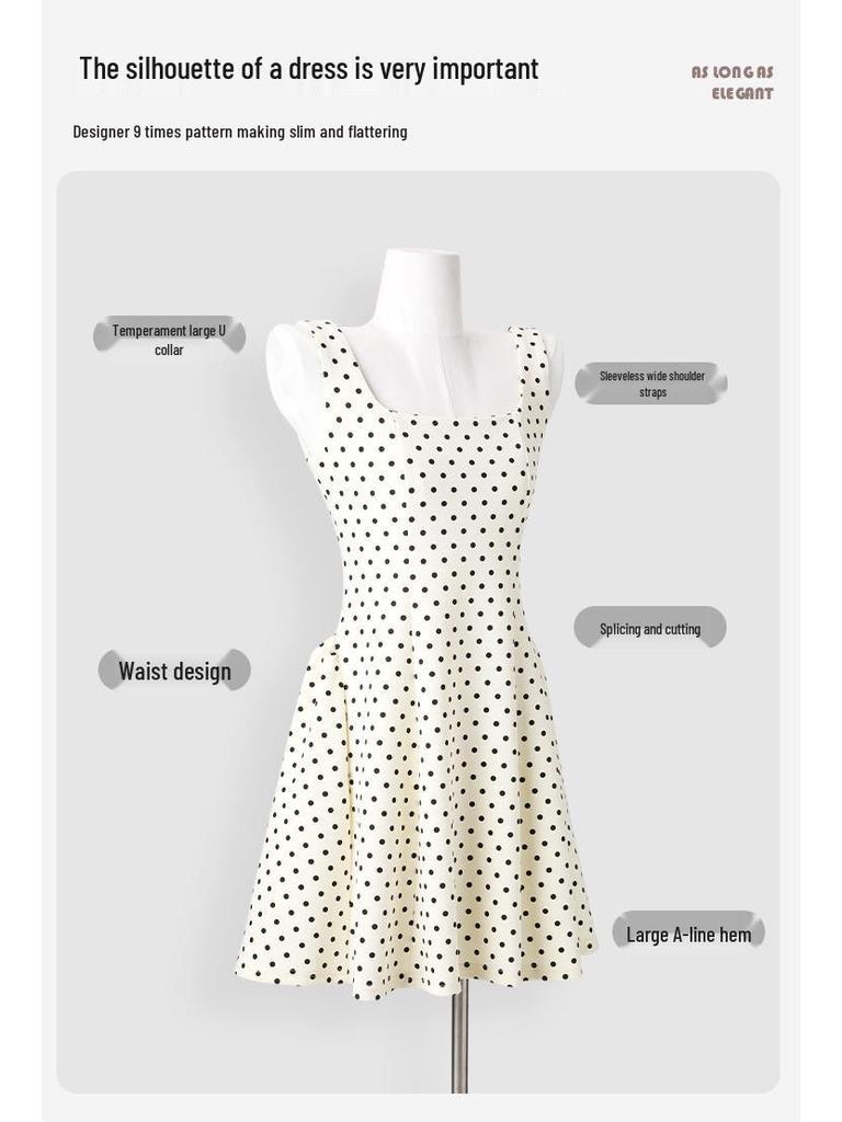 Damen-Frühjahrs-Pünktchen-Spaghettiträgerkleid - Weiß, Tailliert, Figurschmeichelnd, Petite Passform