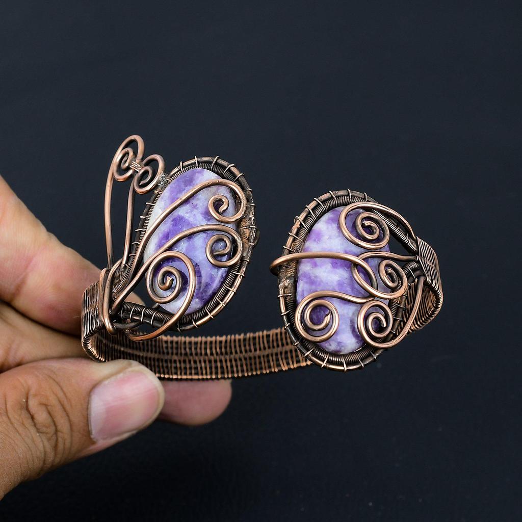 Chevron Amethyst Gemstone Pure Copper Wire Wrapped Handmade Cuff/ Bangle Jewelry Gift