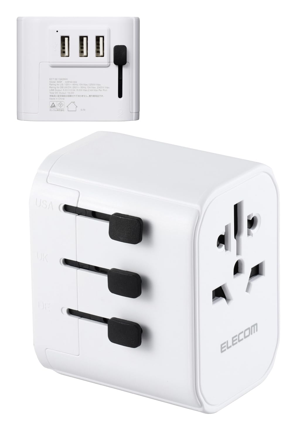 

ELECOM International Conversion Plug Type 3 Ports 12W Polarity Compatible White A/BF/O/SE USB-A (N-Pole Compatible) ECT-32-15A3WH белый