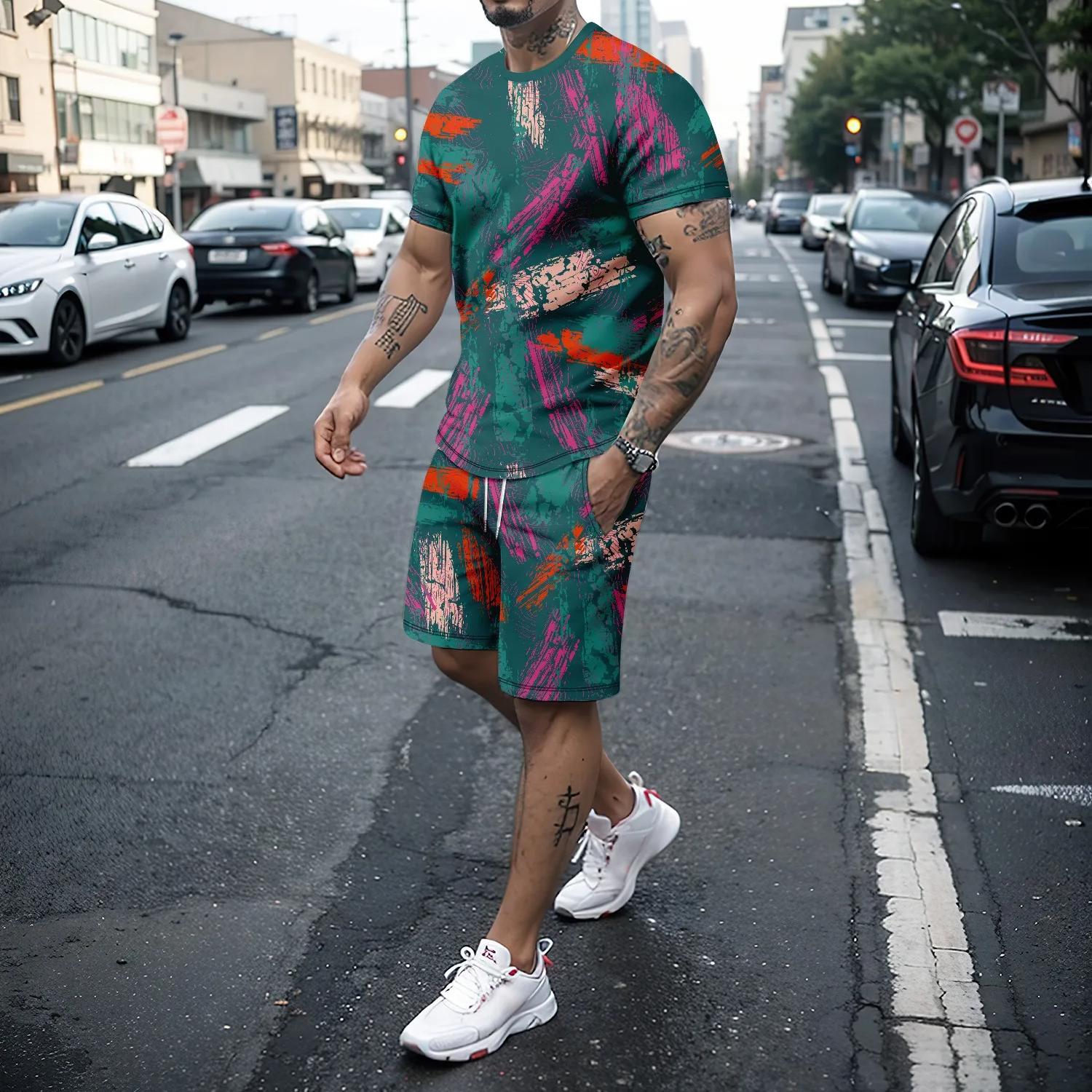 

soft and loose polyester3Dretro men s set casual short sleeved top T-shirt and shorts two-piece sportswear youth street wear 6XL