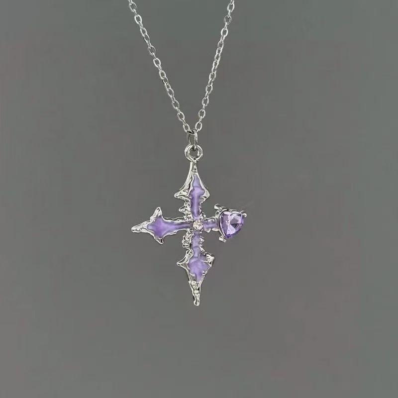 Dark Fantasy Purple Heart Cross Necklace With Alloy Pendant For Fashionable Women