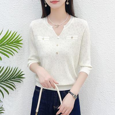 Early Spring Medium-sleeved Top, Women's Five-quarter-sleeved Spring and Summer Wear, Ice Silk Knitted Sweater, Early Spring Bottoming Shirt