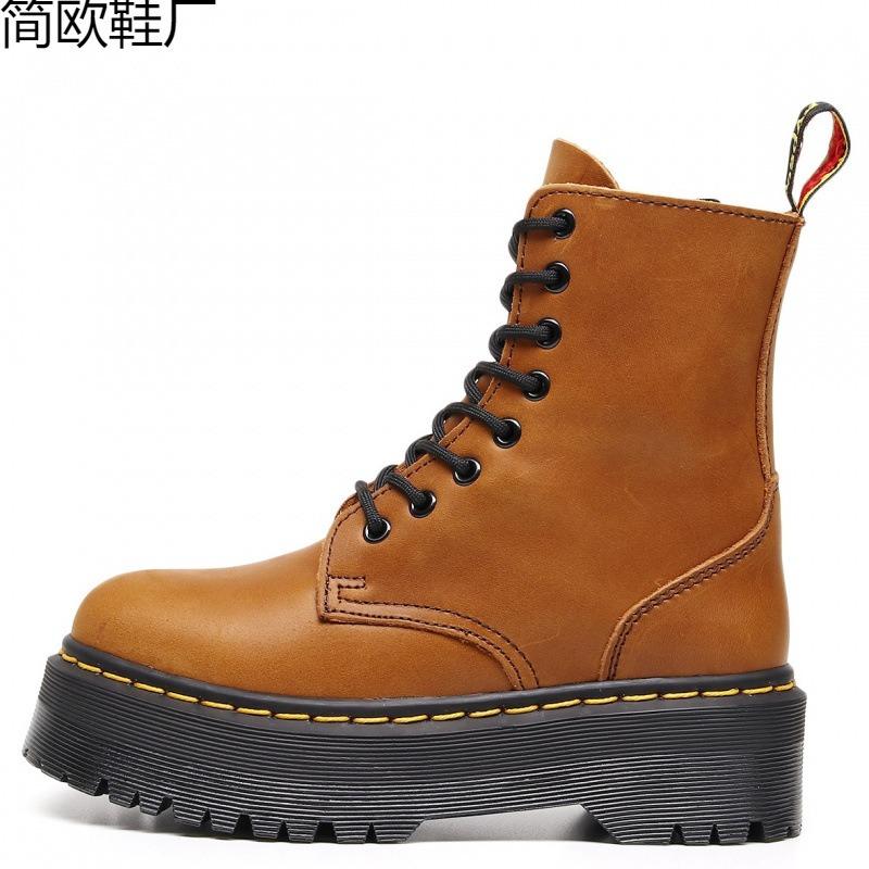 Top layer platform locomotive boots women, side zipper Crazy Horse brown short boots leather loose