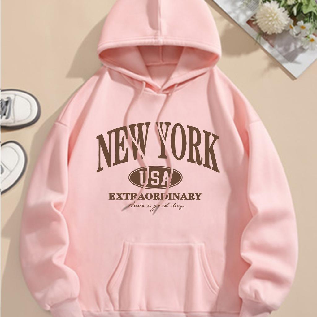 Autumn Winter New York Letter Print Women Hoodie Drawstring Long Sleeve Casual Hooded Sweatshirt Women's Clothing Men Pullovers