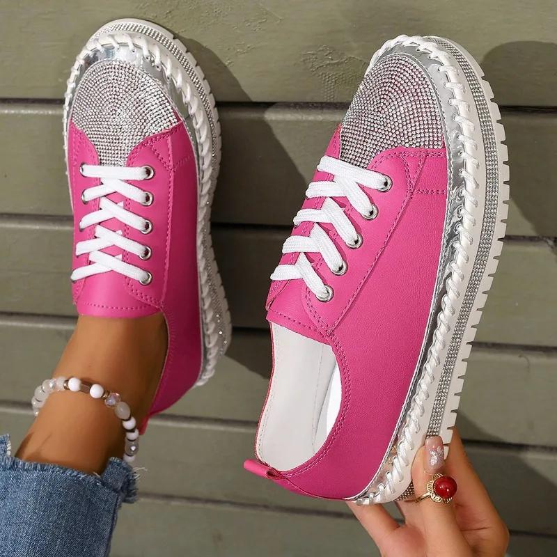 2026 Plus Size Shoes Female Lace Up Women's Vulcanize Shoes Platform Women Sneakers Crystal Round Toe Flat Ladies Casual Shoes