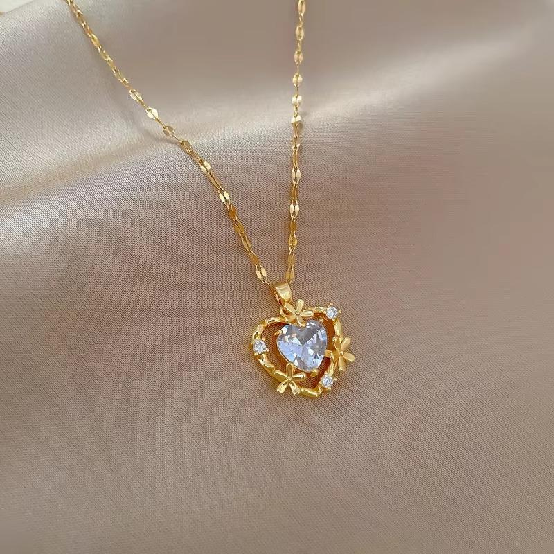 New Simple Design Gold Plated Heart  Shaped Crystal Zirconia Necklace Earring Set Stainless Steel Exqusite Bridal  Sets