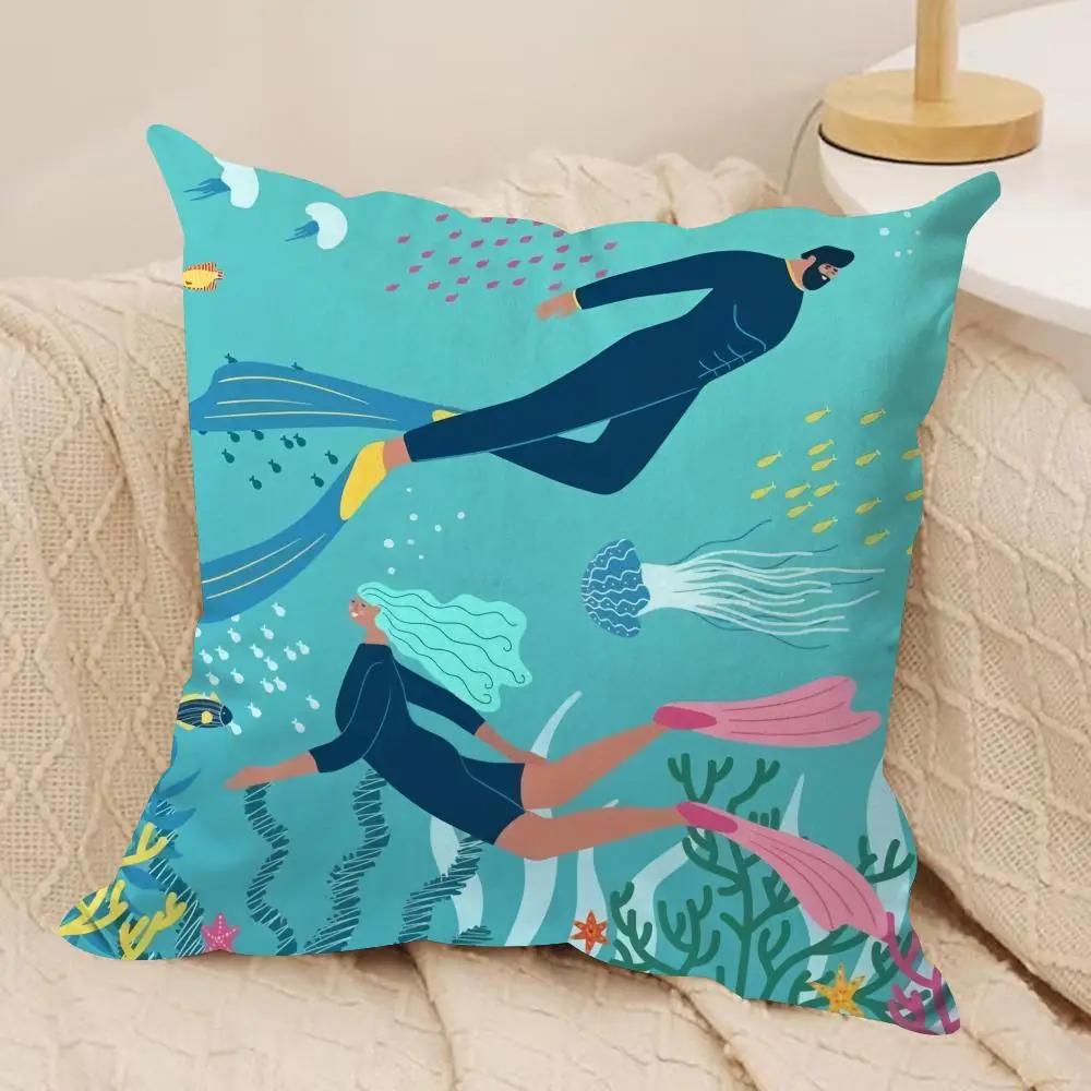 Marine Animals Summer Ins Cushion Cover Silky Short Plush Invisible Zipper Dustproof Sofa Pillow Case For Home Decor