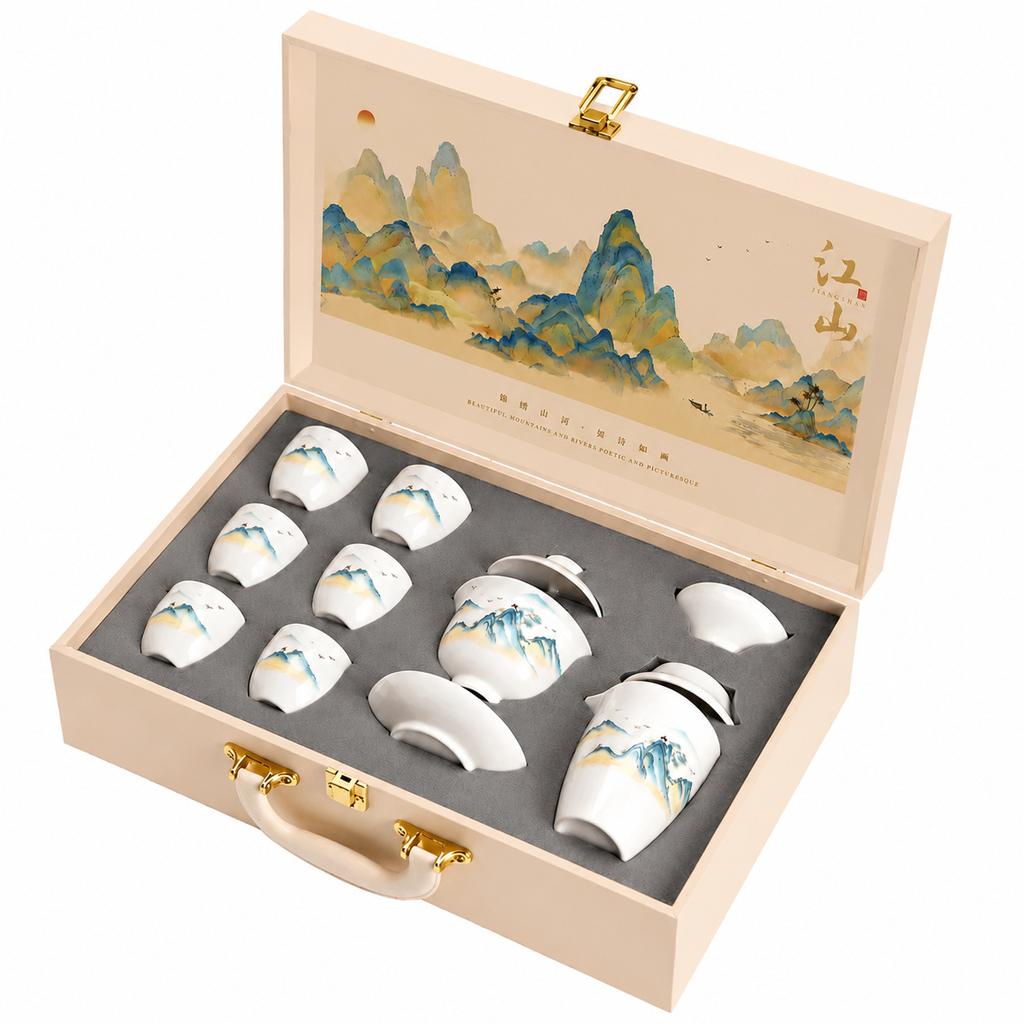Merchandise Thousand Miles of Jiangshan Suet Jade Kung Fu Tea Set White Porcelain Complete Set High-end Gift Box Gift Companion