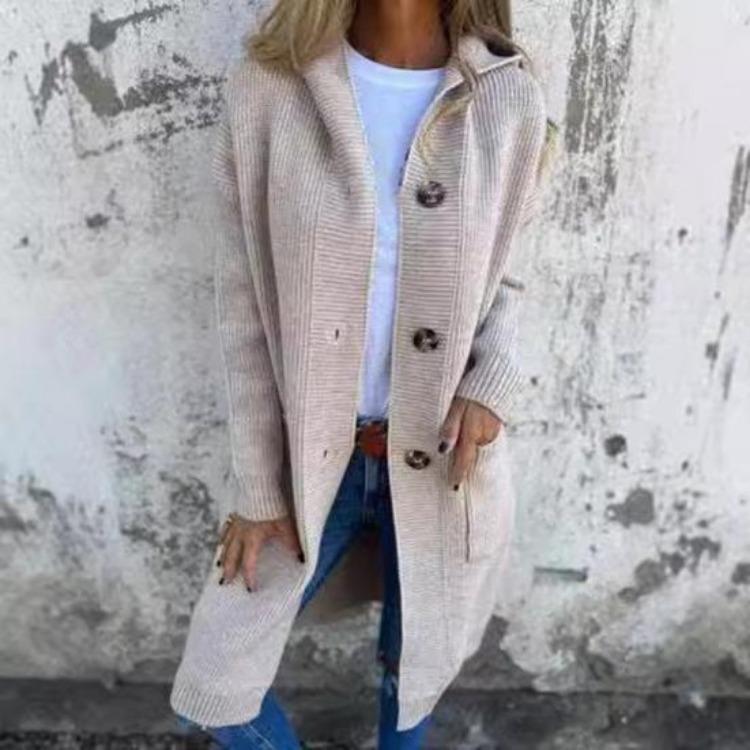Women Knitted Cardigan Sweater Coat Long Sleeve Hooded Solid Color Mid Length with Pockets
