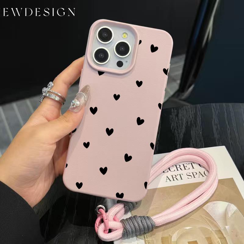 INS Love Heart Luxury Cute Phone Chain Lanyard Case For iPhone 17 16 15 14 13 12 Pro Max 11 Plus Shockproof Lichee Pattern Funda